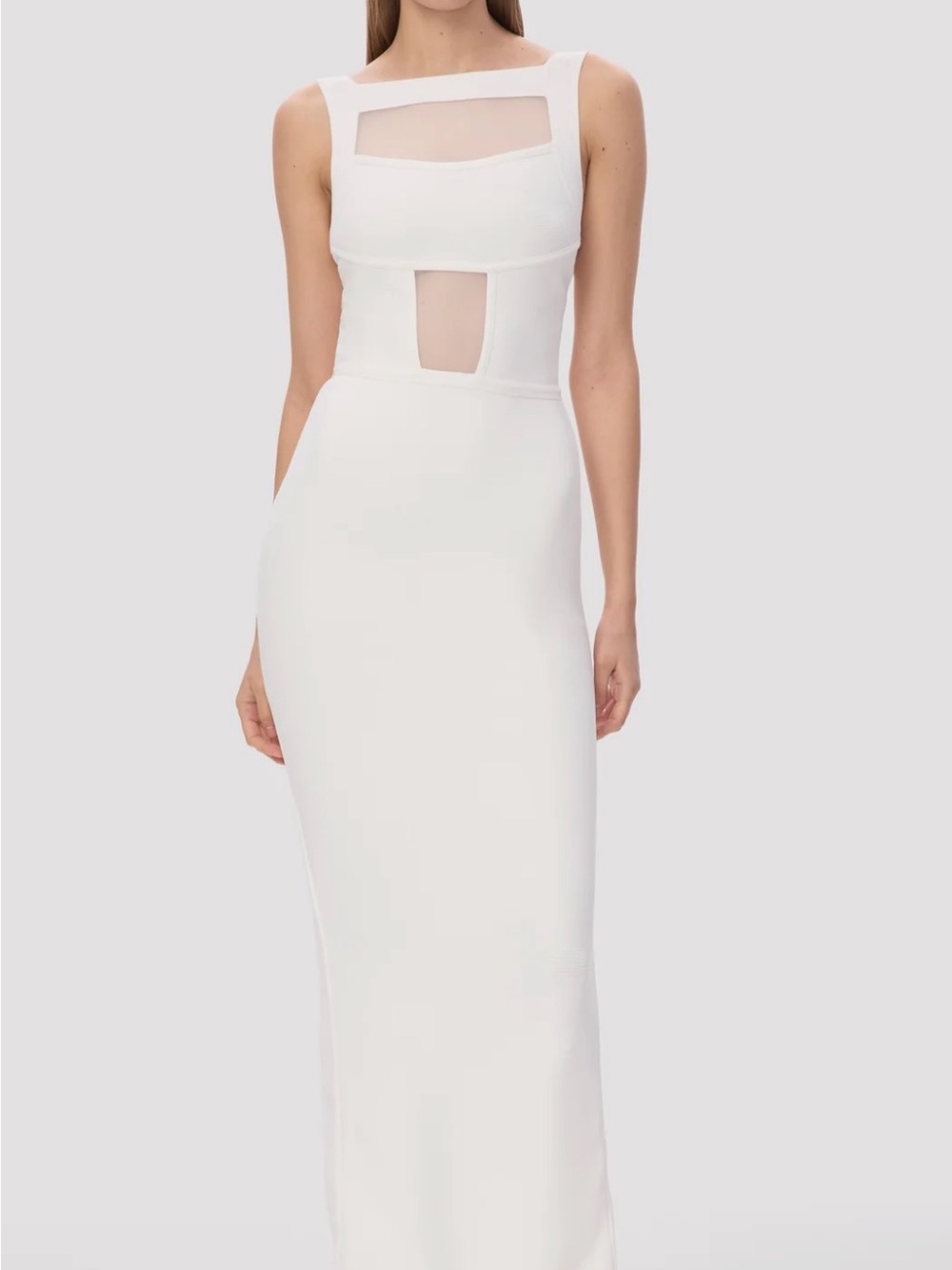 Herve Leger Charlene dress. White Sleeveless Midi Dress with Geometric Cutouts